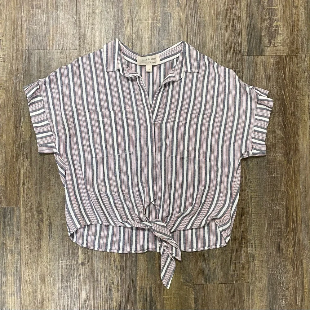 Cloth And Stone Striped Button-Up Tie-Front Top Rayon Linen Blend‎